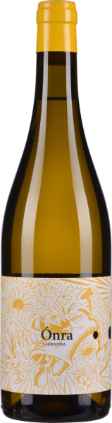 Weinflasche mit gelbem Verschluss und zartem Blumenmuster auf dem Etikett, das in Weiß und Gelbtönen gehalten ist.