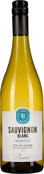 Flasche Sauvignon Blanc mit einem gelben Inhalt und einem modernen Etikett, das in Weiß mit blauen und schwarzen Elementen gestaltet ist. Die Flasche hat einen schwarzen Schraubverschluss.