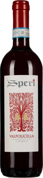 Eine Weinflasche mit dunkelroter Flüssigkeit, dekoriert mit einem stilisierten Baum in Rot und Gold auf dem Etikett. Der Flaschenhals ist mit einer roten Kapsel und einem blauen Siegel verziert.