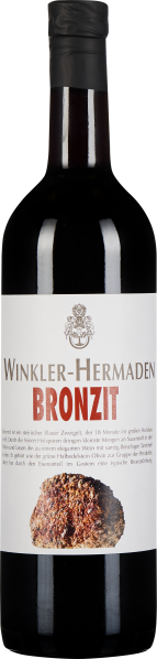 Die Weinflasche zeigt ein elegantes Design mit dunkelroter Flüssigkeit und einem künstlerisch gestalteten Etikett. Dieses präsentiert ein Bild eines braunen Felsens oder Mineralstücks. Der Flaschenhals ist mit einer schwarzen Kapsel versehen.