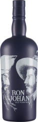 Dunkle, matte Flasche mit detailreichen Illustrationen von zwei bärtigen Männern auf der Vorderseite; elegant und geheimnisvoll.