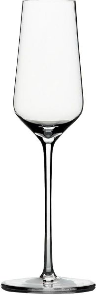 Elegantes Sektglas mit schmalem, leicht konisch zulaufendem Kelch und einem langen, dünnen Stiel auf breitem Fuß.