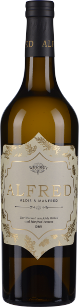 Braune Weinflasche mit elegantem, cremefarbenem Etikett mit goldenen Verzierungen und Schrift.