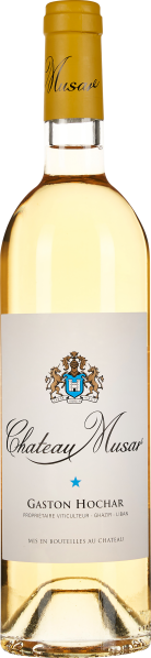 Flasche mit klarer, hellgelber Flüssigkeit und gelbem Verschluss, elegant ausgestattet mit einem kunstvollen Etikett und Wappen.