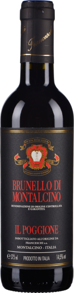 Dunkle Glasflasche mit einem schwarzen Etikett und goldenen sowie roten Akzenten, einschließlich eines Wappens. Oben durch eine schwarze Folie versiegelt.