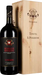 Weinflasche mit dunkelrotem Etikett und goldenen Akzenten, daneben eine elegante, helle Holzkiste mit aufgedrucktem Logo und Schriftzug.