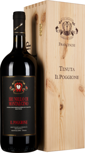 Weinflasche mit dunkelrotem Etikett und goldenen Akzenten, daneben eine elegante, helle Holzkiste mit aufgedrucktem Logo und Schriftzug.