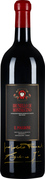 Eine elegante Weinflasche mit rotem Kapselverschluss und einem dunklen Etikett, das von roten und goldenen Details akzentuiert wird. Das Design vermittelt einen Hauch von Luxus und Tradition.