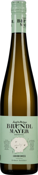 Schlanke Weinflasche mit grünlichem Etikett, darauf eine stilisierte Karte. Die Flasche hat einen hellgrünen Schraubverschluss und wirkt elegant und modern.