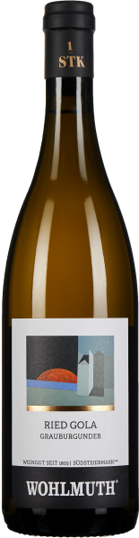 Eine Weißweinflasche mit elegantem, modernem Etikett, das grafische Elemente in gedeckten Farben zeigt. Das Glas hat eine warme, goldene Tönung, der Verschluss ist schwarz mit goldener Beschriftung.