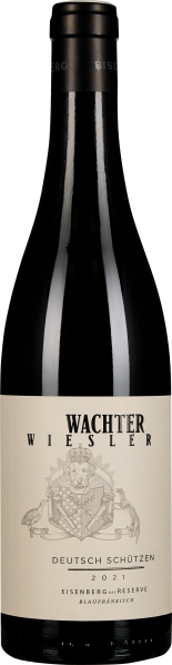 Die Weinflasche zeigt eine elegante, schlanke Form mit einem dunklen, glänzenden Glas. Das Etikett ist hell mit einem detaillierten, gezeichneten Wappenmotiv in der Mitte und schwarzem Text darüber und darunter. Der Flaschenverschluss ist schlicht und sch