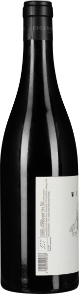 Schwarze Weinflasche mit schlichtem Etikett und glänzender Oberfläche.