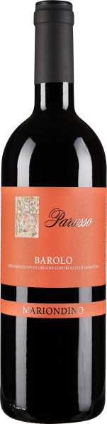 Dunkle Weinflasche mit einem leuchtend orangen Etikett, auf dem ein zart illustriertes Bild sowie stilvolle Schriftzüge zu sehen sind.