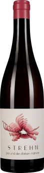 Flasche Rotwein mit rotem Schraubverschluss und einem kunstvoll gestalteten Etikett in Rosa- und Rottönen, das eine abstrakte, florale Grafik zeigt.