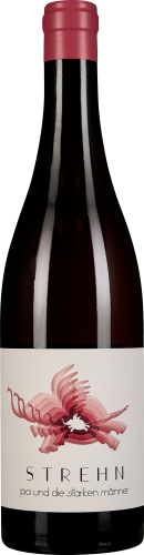 Flasche Rotwein mit rotem Schraubverschluss und einem kunstvoll gestalteten Etikett in Rosa- und Rottönen, das eine abstrakte, florale Grafik zeigt.