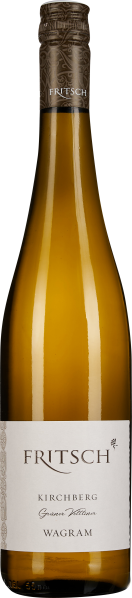 Langhalsige Weinflasche mit heller, transparenter Flüssigkeit. Das Etikett ist schlicht und in hellen Tönen gehalten. Der Flaschenhals ist mit einem kunstvoll verzierten Kapselabschluss versehen.