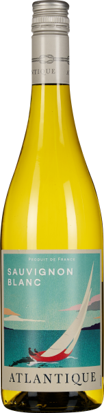 Flasche Sauvignon Blanc mit silbernem Schraubverschluss; das Etikett zeigt ein stilisiertes Segelboot vor einem farbigen Horizont.