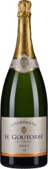Die Flasche zeigt Champagner mit grünem Glas und goldener Folie am Hals, sowie einem eleganten, cremefarbenen Etikett mit schwarzen und goldenen Schriftzügen.
