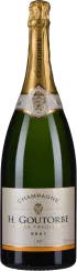 Die Flasche zeigt Champagner mit grünem Glas und goldener Folie am Hals, sowie einem eleganten, cremefarbenen Etikett mit schwarzen und goldenen Schriftzügen.