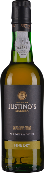 Flasche eines Madeira-Weins mit dunkelgrünem Glas, schwarzem Etikett und goldenen Akzenten. Oben ein schwarzer Verschluss.