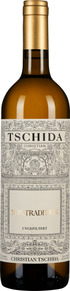 Weinflasche mit goldener Kapsel und hellem Etikett, das aufwendig mit floralen und ornamentalen Mustern verziert ist.