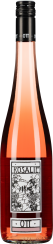 Roséweinflasche mit schwarzem Schraubverschluss und kunstvoll gestaltetem Etikett.