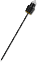 Schwarze Stange mit einer Spitze am unteren Ende und einem kegelförmigen Griff am oberen Ende, versehen mit gelben Details und weißen Elementen.