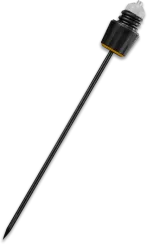 Schwarze Stange mit einer Spitze am unteren Ende und einem kegelförmigen Griff am oberen Ende, versehen mit gelben Details und weißen Elementen.