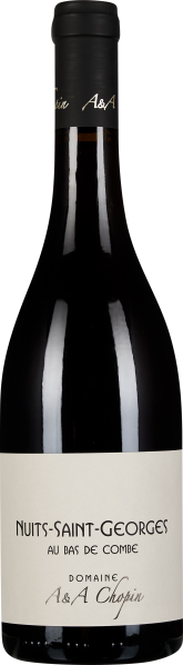 Dunkle Weinflasche mit schlichtem, cremefarbenem Etikett; schwarzer Hals und elegante Form.
