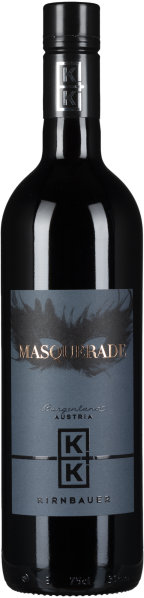 Schwarze Weinflasche mit dunkelblauem Etikett und silbernen Akzenten.