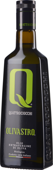 Dunkle Glasflasche mit eckigem Design, auffälligem grünen Logo und Schriftzug; schwarzer Verschluss.