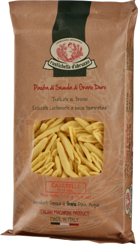 Braune Verpackung mit Fenster, das gelbe Cavatelli-Nudeln zeigt. Rustikales Design mit traditionellem Logo und italienischer Produktkennzeichnung.