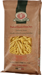 Braune Verpackung mit Fenster, das gelbe Cavatelli-Nudeln zeigt. Rustikales Design mit traditionellem Logo und italienischer Produktkennzeichnung.