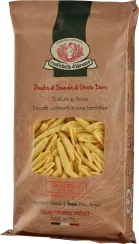 Braune Verpackung mit Fenster, das gelbe Cavatelli-Nudeln zeigt. Rustikales Design mit traditionellem Logo und italienischer Produktkennzeichnung.