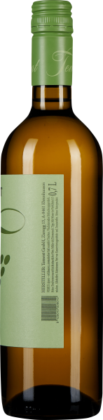 Braune Flasche mit grünem Etikett und Schraubverschluss; stilisierte Traubenabbildung.