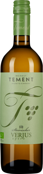 Das Bild zeigt eine braune Glasflasche mit einer hellgrünen Etikettierung und einem passenden grünen Schraubverschluss. Das Etikett ist mit stilvollen, dunklen Schriftzügen und grafischen Elementen verziert, darunter eine Traubengrafik.