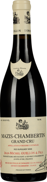 Dunkle Weinflasche mit beiger Kapsel und Etikett, darauf schwarze und rote Schrift sowie ein detailliertes Wappen.