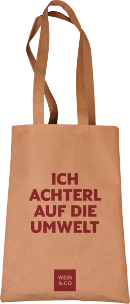 Beigefarbene Stofftasche mit langen Henkeln und dunkelrotem, humorvollem Aufdruck.