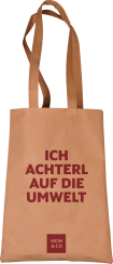 Beigefarbene Stofftasche mit langen Henkeln und dunkelrotem, humorvollem Aufdruck.