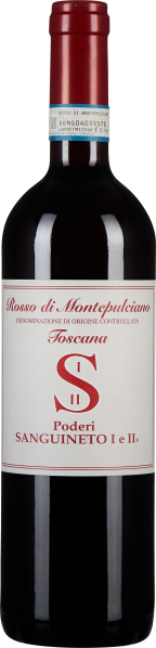 Eine Flasche Wein mit dunklem Glaskörper und rotem Kapselverschluss, dazu ein schlichtes Etikett in Weiß mit roter und schwarzer Beschriftung.