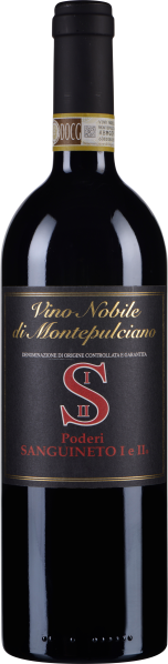 Eine dunkelrote Weinflasche mit elegantem Etikett in Schwarz und Gold verziert, sowie einem markanten roten Logo. Der Hals der Flasche trägt ein goldenes Siegel.