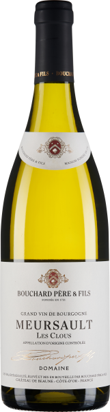 Flasche Weißwein mit hellem, klaren Glas und elegantem, klassischem Etikett, das Rot- und Goldelemente aufweist. Dunkler Flaschenhals mit goldener Kapsel.