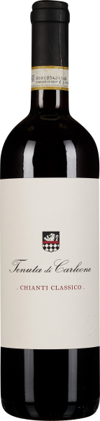 Eine elegante Weinflasche mit dunkelrotem Inhalt, schwarzem Hals und Kapsel. Das Etikett ist weiß mit einem dezenten Wappen und schlichter Schrift.