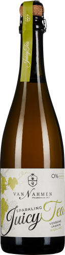 Die Flasche zeigt einen Sektverschluss mit Korken und grünem Siegel, ein modernes Etikett mit floralen Elementen und Logo auf hellem Hintergrund.