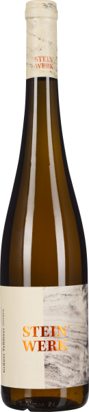 Braune Weinflasche mit beigem, strukturiertem Etikett und Korken.