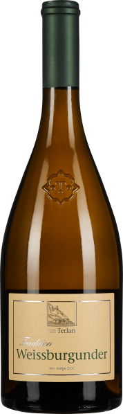 Flasche Weißwein mit grünem Schraubverschluss, gelblich-bernsteinfarbenem Glas und rechteckigem Etikett.