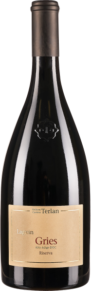 Eine elegante Weinflasche mit einem schwarzen, hochglänzenden Körper und einem matten, dunklen Verschluss. Auf dem cremefarbenen Etikett befindet sich dezente Schrift in dunklen Tönen.