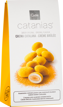 Gelbe, karamellisierte Mandeln mit weißem Schokoladenüberzug, angeordnet in moderner Verpackung.