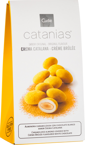 Gelbe, karamellisierte Mandeln mit weißem Schokoladenüberzug, angeordnet in moderner Verpackung.