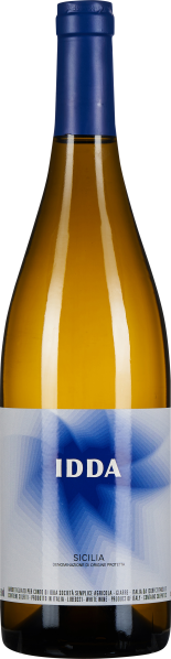 Die Weinflasche hat eine klare, bernsteinfarbene Tönung mit einem tiefblauen Etikett. Der Verschluss ist ebenfalls in einem intensiven Blau gehalten. Das Etikett zeigt ein geometrisches, sternenähnliches Muster.